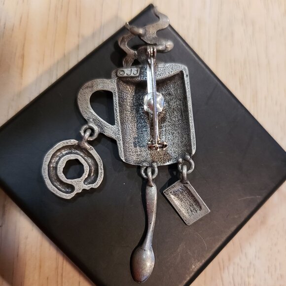 Vintage "Coffee Lover" Pinback, Silver, with 3 Charms: sugar, spoon, and donut - Picture 4 of 5